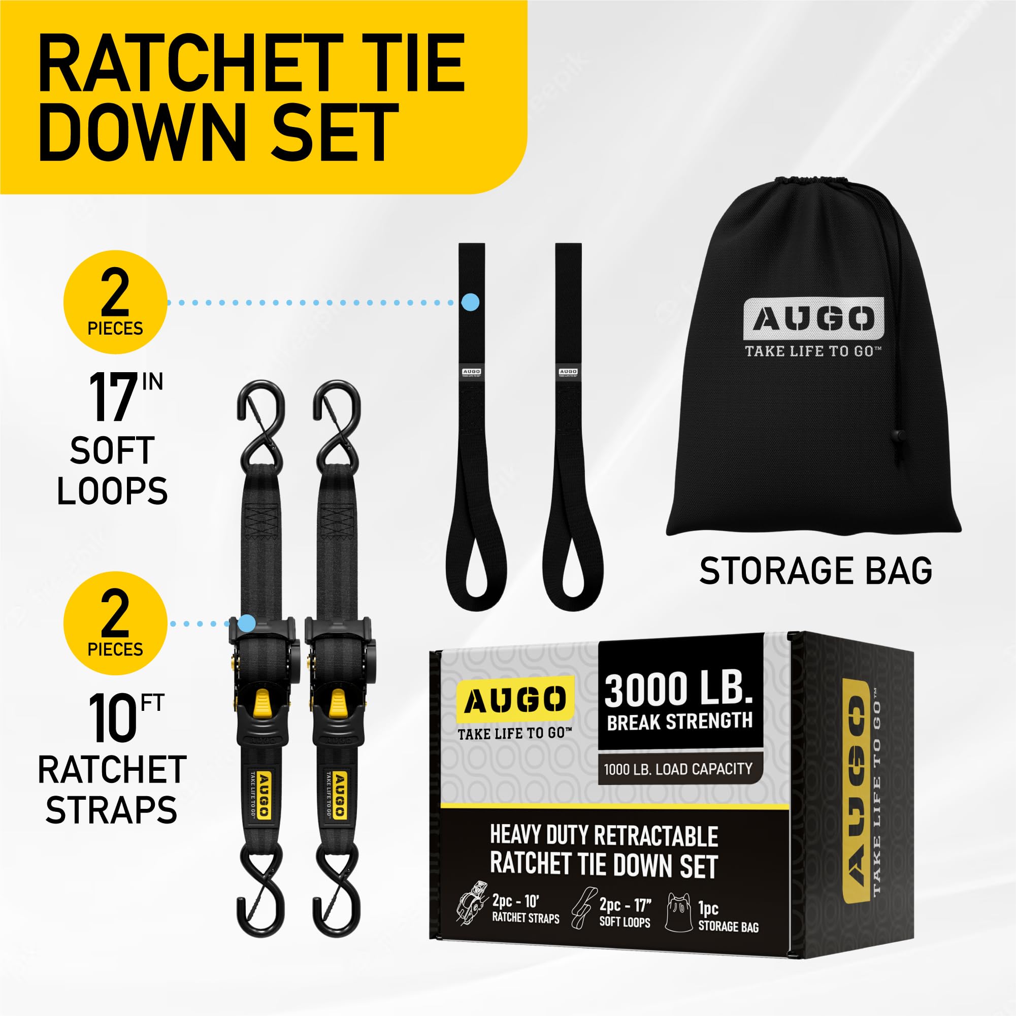 AUGO Retractable Ratchet Straps | 2 Heavy Duty Ratchet Straps Self Retractable Tie Downs with Soft Loops & Storage Bag for Motorcycle, Truck, Trailer, Cargo Van | 1200 Lb Break Strength 1” x 10’