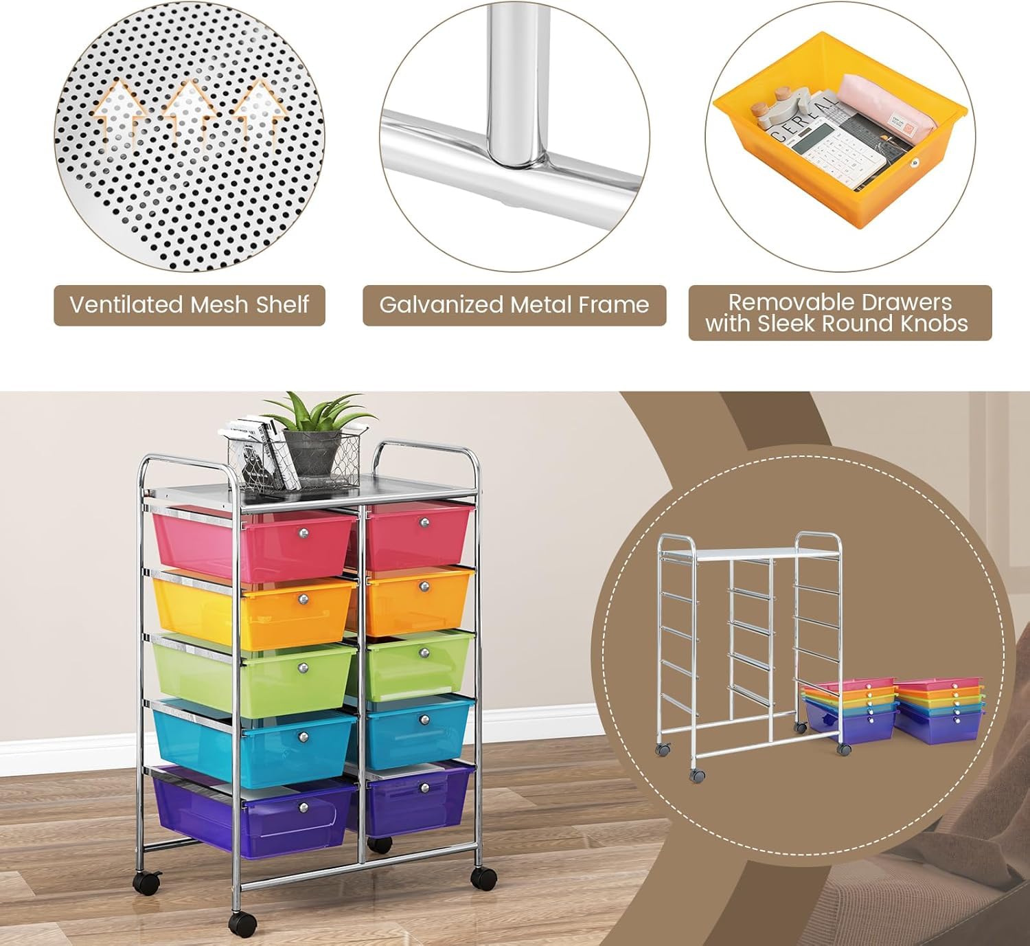 LDAILY 9 Drawer Rolling Storage Cart, Rolling Cart with Drawers for Classroom, Art Supply Craft Organizer on Wheel with Metal Frame & Handles for Home Office School