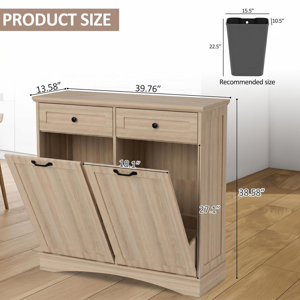 AHB Double Tilt Out Trash Can Cabinet Freestanding Kitchen Trash Can, 2x13 Gallons Hidden Garbage Recycling Cabinet with Hideaway Drawers Pet Proof Trash Can Holder for Kitchen, Antique White