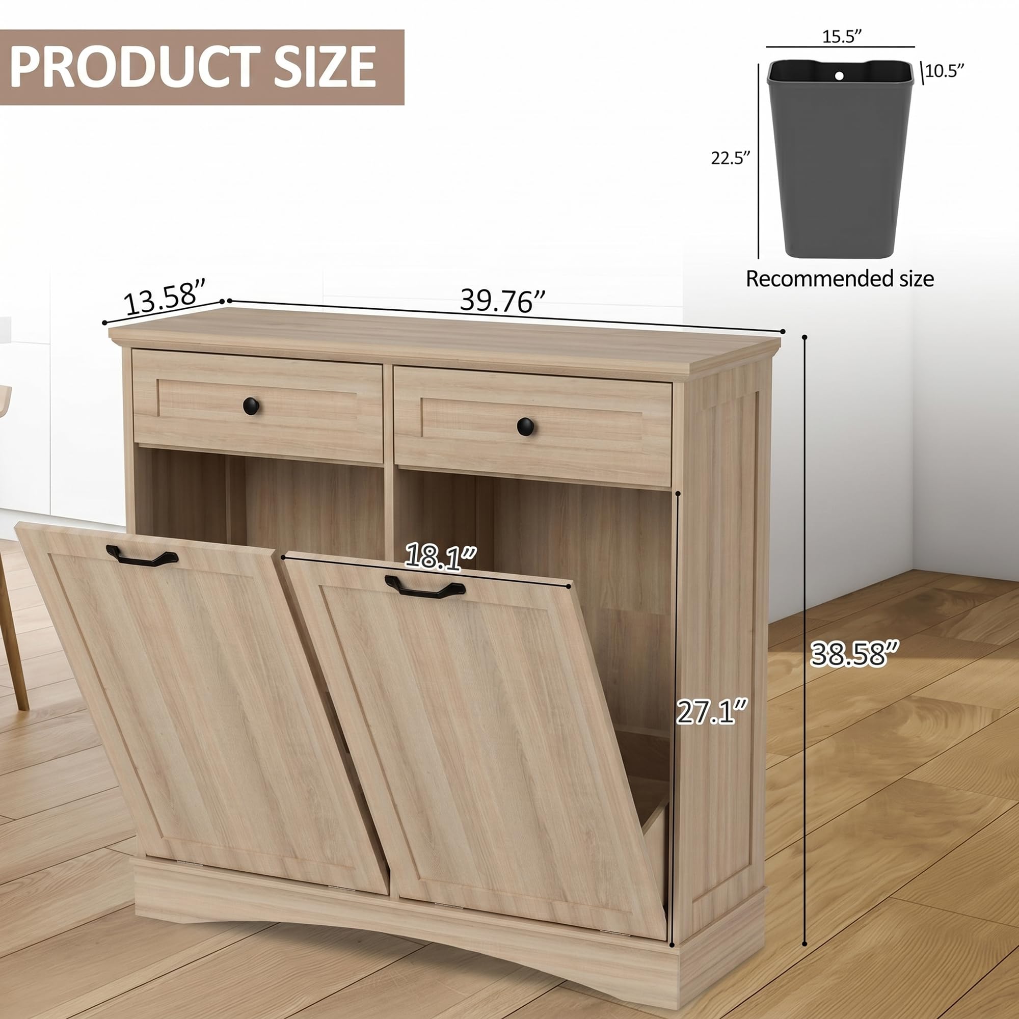 AHB Double Tilt Out Trash Can Cabinet Freestanding Kitchen Trash Can, 2x13 Gallons Hidden Garbage Recycling Cabinet with Hideaway Drawers Pet Proof Trash Can Holder for Kitchen, Antique White