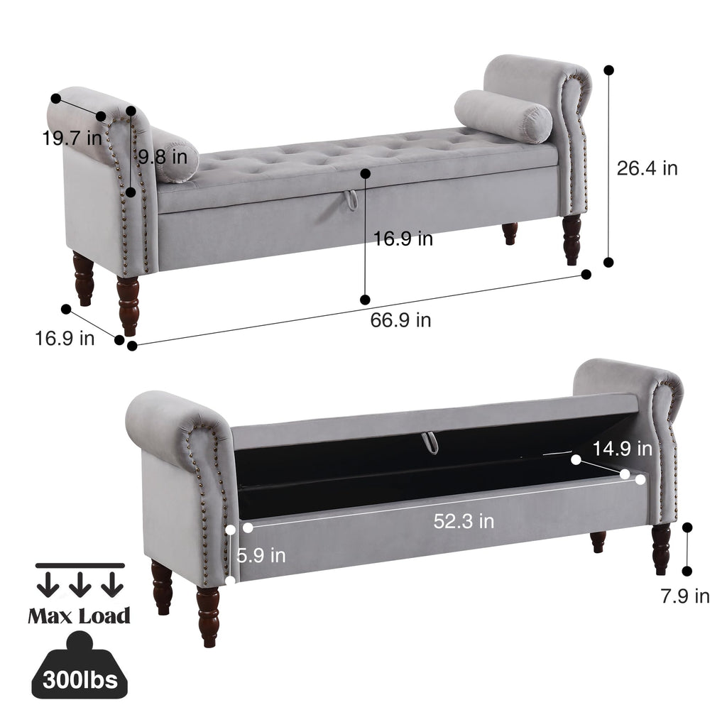 Storage Bench for Bedroom, 67" End of Bed Bench King Size, Velvet Bedroom Bench with Storage, Upholstered Tufted Storage Ottoman Benches with Arms for Bedroom, Entryway, Living Room, Beige