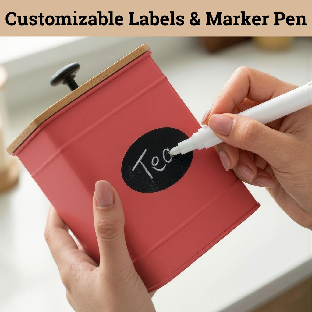 Kitchen Canisters for Countertop Set of 4 w/ Chalkboard Labels & Marker Pen | Airtight Easy Open Bamboo Lids, Dent-Resistant Thick Metal, Customizable Chalkboard Labels, Marker Pen Included, Set of 4