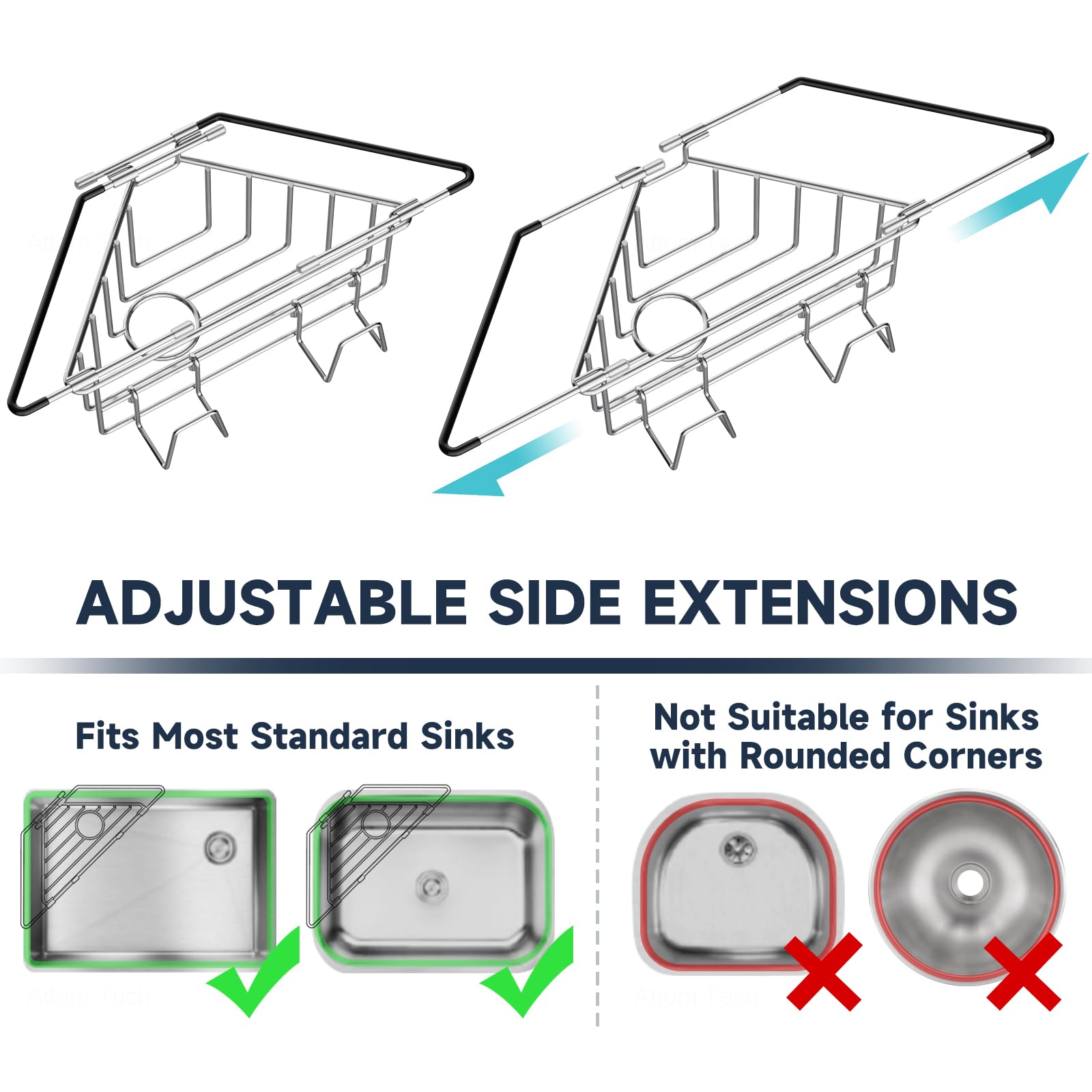 NiHome Extendable Arm Stainless Steel Kitchen Sink Corner Caddy, Easy Install Space-Saving Adjustable Sponge Holder, Non-Slip Rust-Resistant for Brushes, Soap, Sponges (Black)