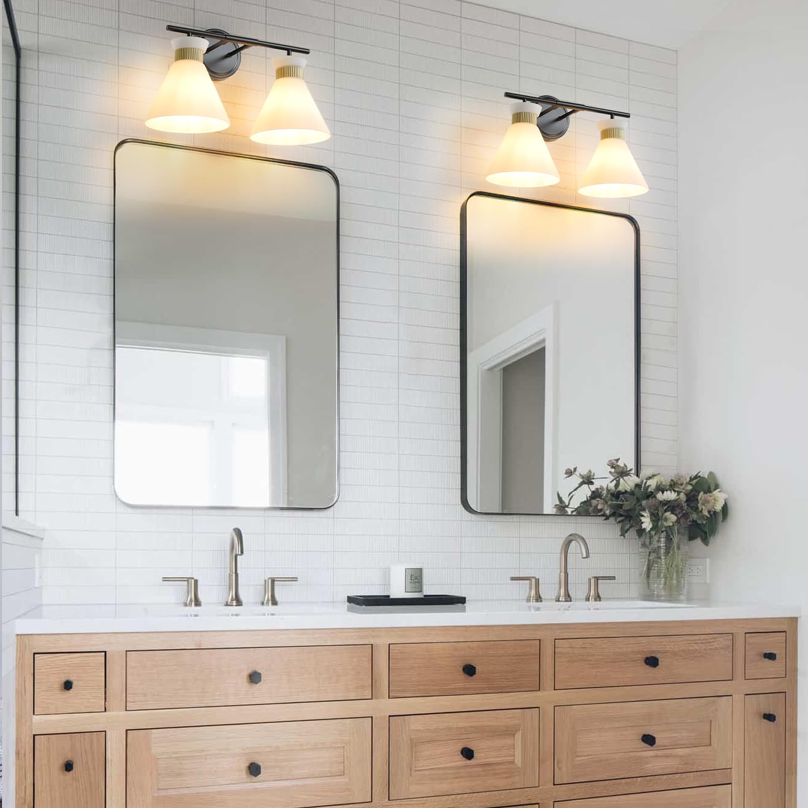WOSHITU Gold Bathroom Light Fixtures: Modern Vanity Lighting Fixtures 2 Lights for Bathroom Mid Century Vanity Light Sconces Over Mirror with Frosted Milky Glass for Bath Bedroom Makeup