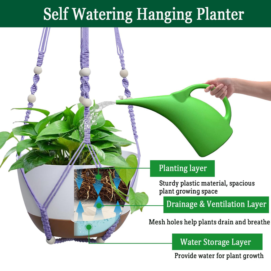 Koalaime Hanging Planter Self Watering 10 Inch, 2 Pack Indoor Outdoor Hanging Baskets, Hanging Flower Pots with Drainage Hole & 2 Kinds of Plant Hangers for Garden Home Decor(Green)…