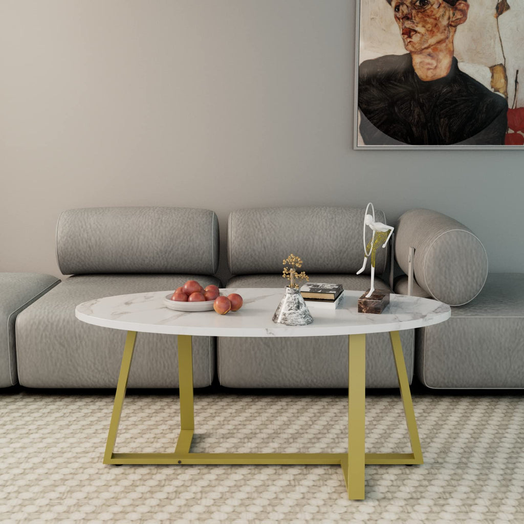 Wolawu Coffee Table Gold Oval Glass Coffee Tables for Living Room,Modern Gold Metal Frame Tea Tables for Small Space, Tempered Glass Top Center Table with Stable Cross Base for Bedroom, Office,Balcony
