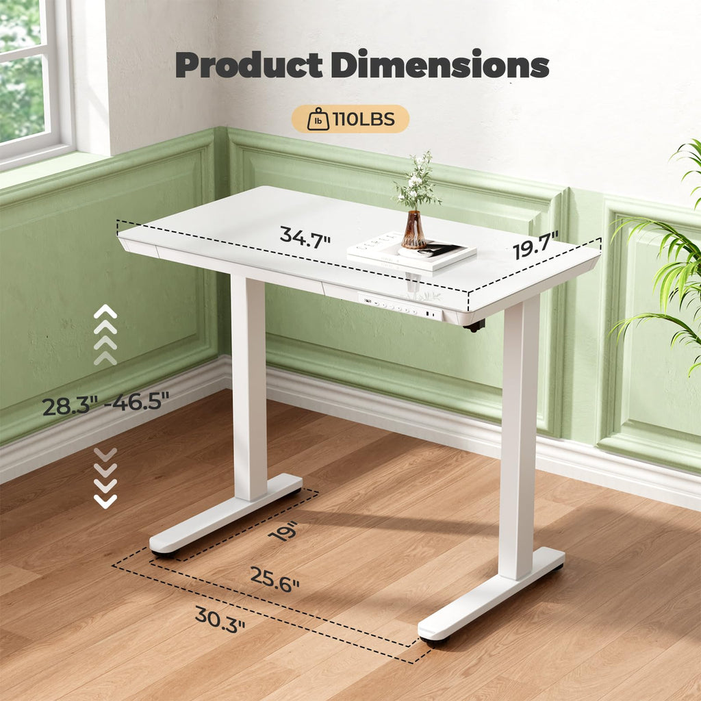 Glass Electric Standing Desk with Drawer, 35" x 20" Whole Piece Tabletop Samll Sit Stand Table, Height Adjustable Workstation with Storage & USB Ports, Quick Install Home Office Desk
