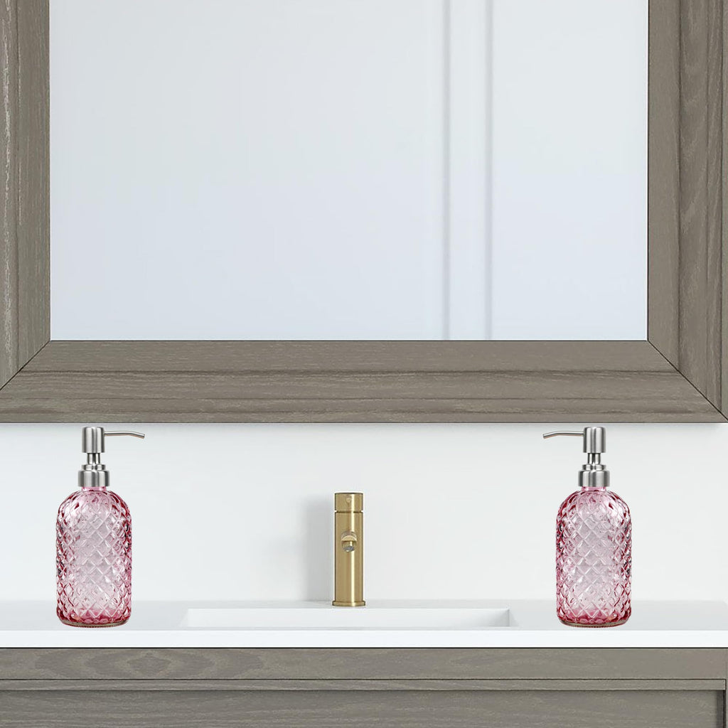16 oz Diamond Pattern Glass Soap Dispenser, Kitchen and Bathroom Refillable Soap Dispenser with Rust Resistant Stainless Steel Pump for Hand Soap, Lotion Glass Liquid Dispenser(Amber)
