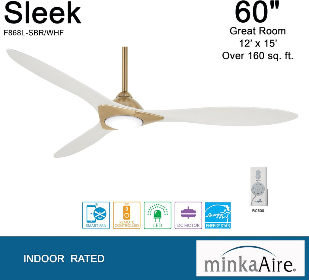 MINKA-AIRE F868L-SBR/WHF Ceiling Fan, Soft Brass/Flat White