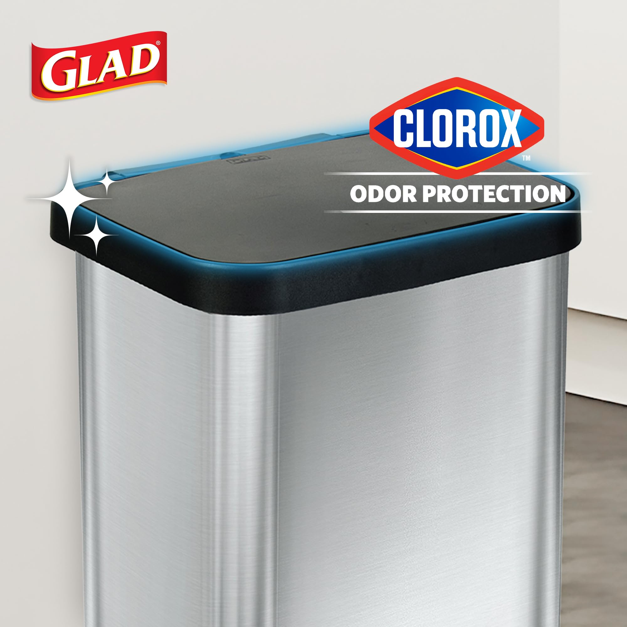 Glad 13 Gallon All Brushed Stainless Steel Trash Can with Clorox Odor Protection | Large Metal Kitchen Garbage Bin with Soft Close Lid, Garbage Bag Rings, Step On Foot Pedal and Waste Bag Roll Holder