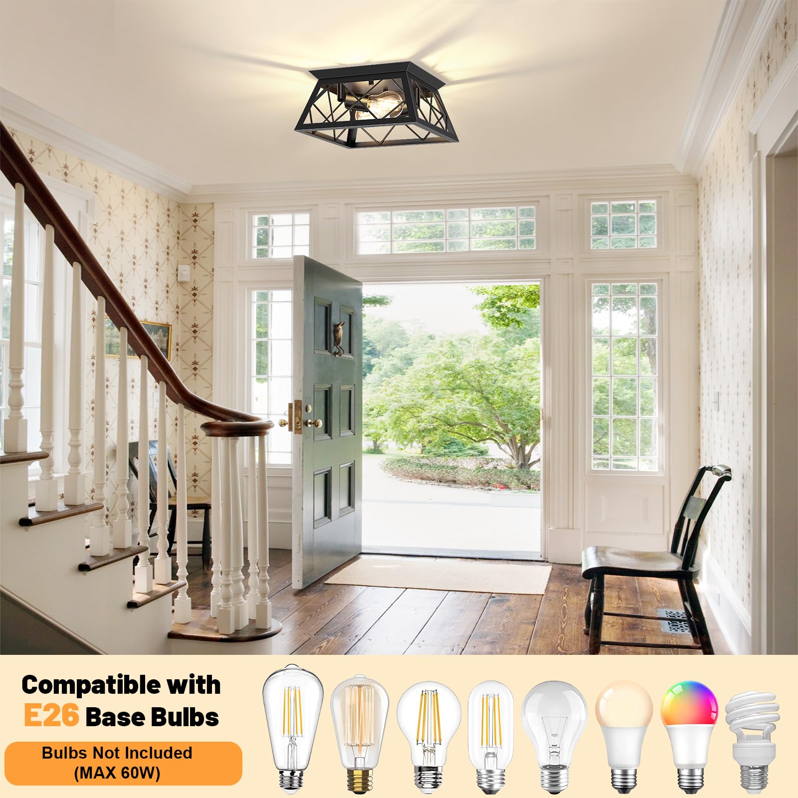 FadimiKoo 2-Light Black Flush Mount Ceiling Light Fixture, Industrial Hallway Light Fixtures Ceiling Mount for Farmhouse Kitchen, Square Cage Ceiling Lamp for Dining Room, Living Room, Entryway
