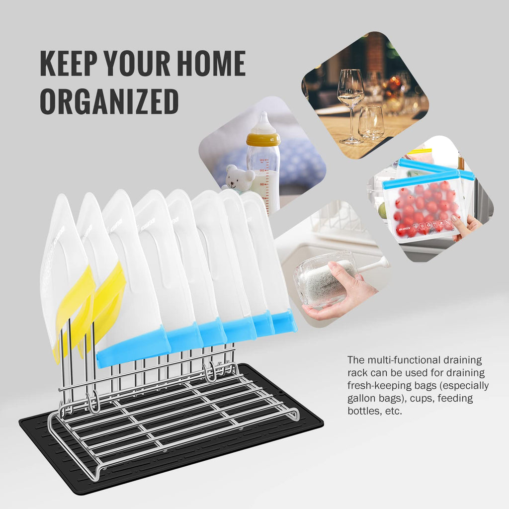 IDEATECH Reusable Bag Rack with Cup Drying Mat,Plastic Bag Dryer Rack Dish Drying,Collapsible Kitchen Counter Storage Organizer Sponge Holder,Dryer Rack for Silicone Storage Bag,Kitchen Must Have