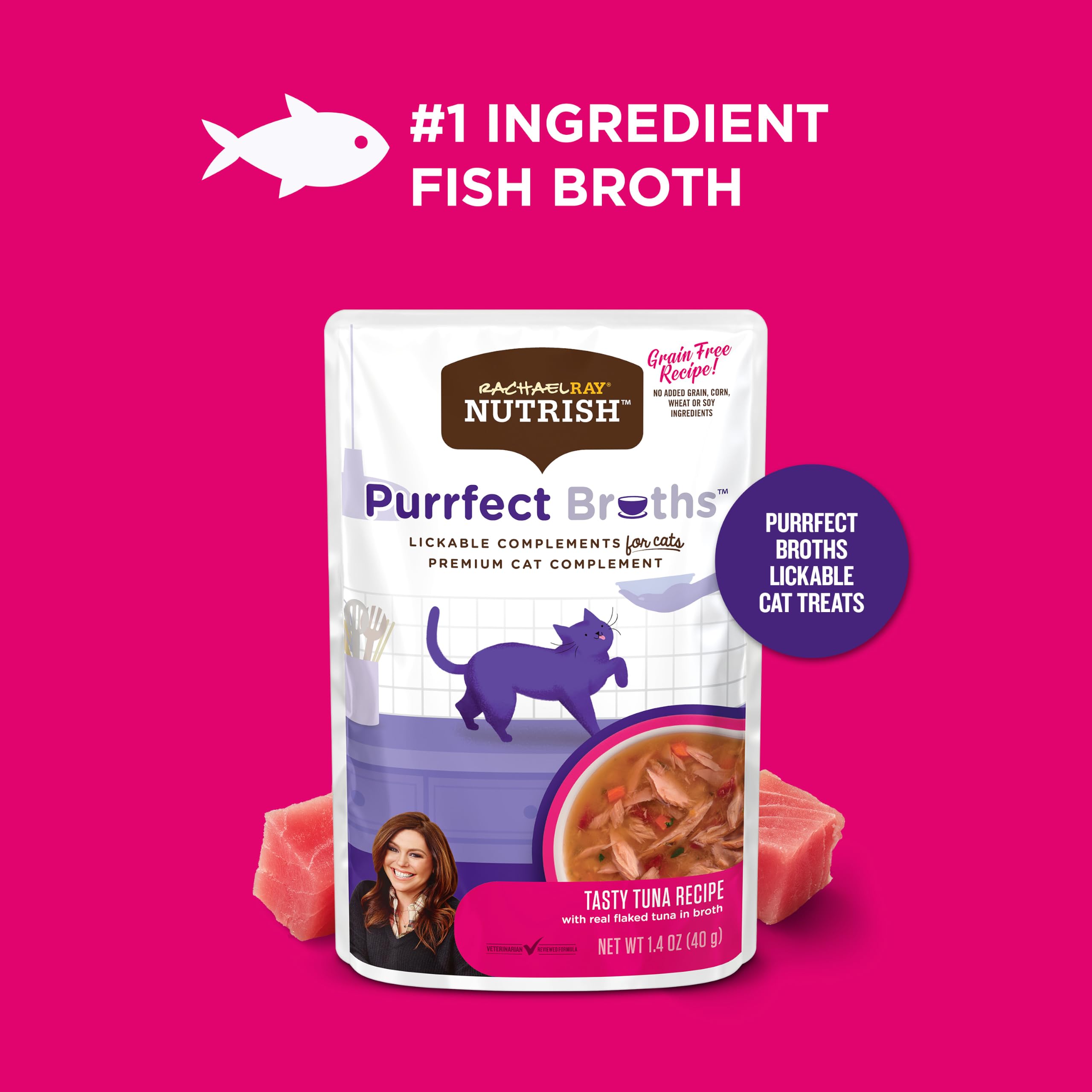 Nutrish Rachael Ray Purrfect Broths Classic Chicken Recipe, Lickable Complements for Cats, 1.4 oz. Pouch, 24 Count