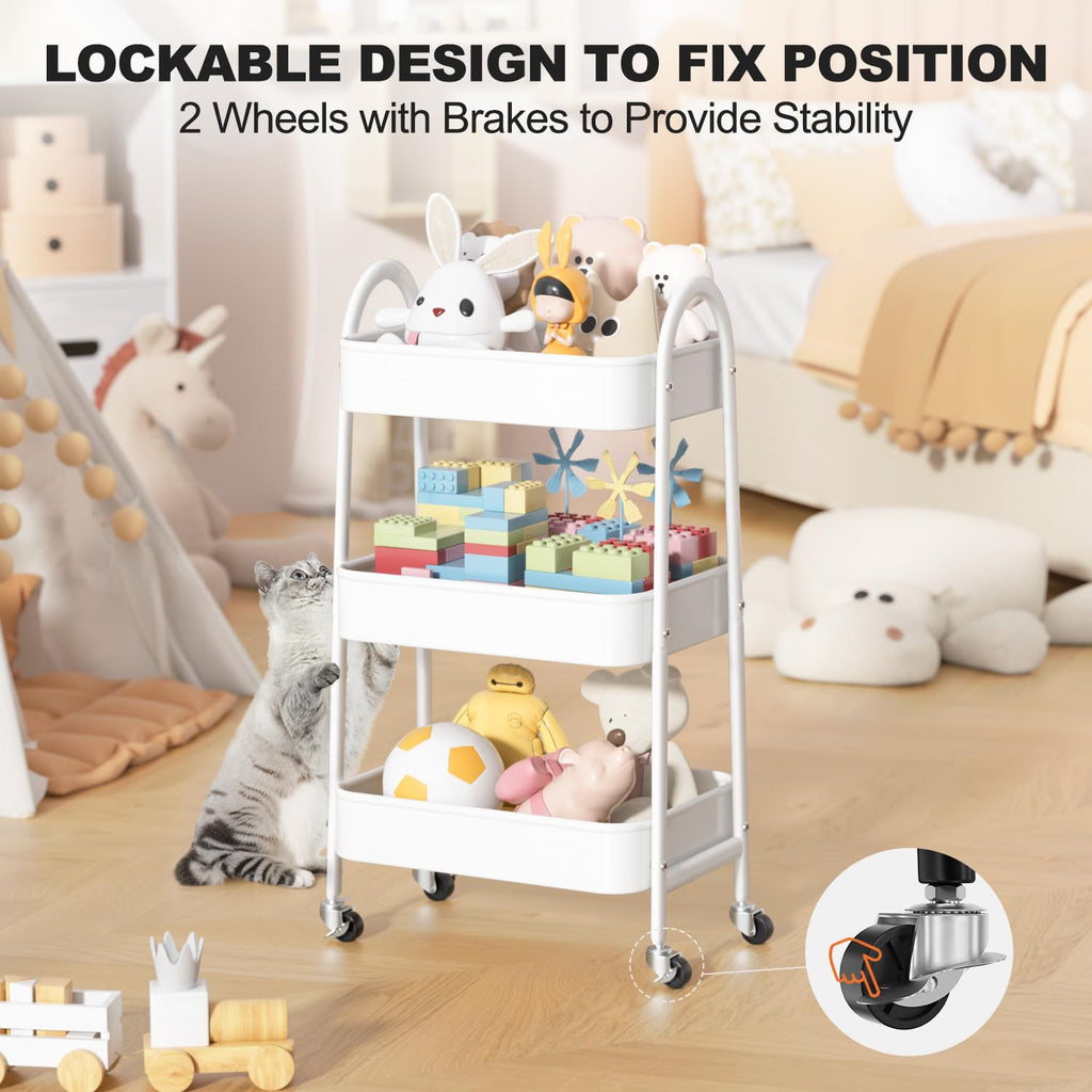 EAGMAK 3 Tier Rolling Cart, Large Metal Storage Cart with Handle and Lockable Wheels, Big Multifunctional Storage Organizer Trolley with Mesh Baskets for Kitchen, Living Room, Office, Garage (Beige)