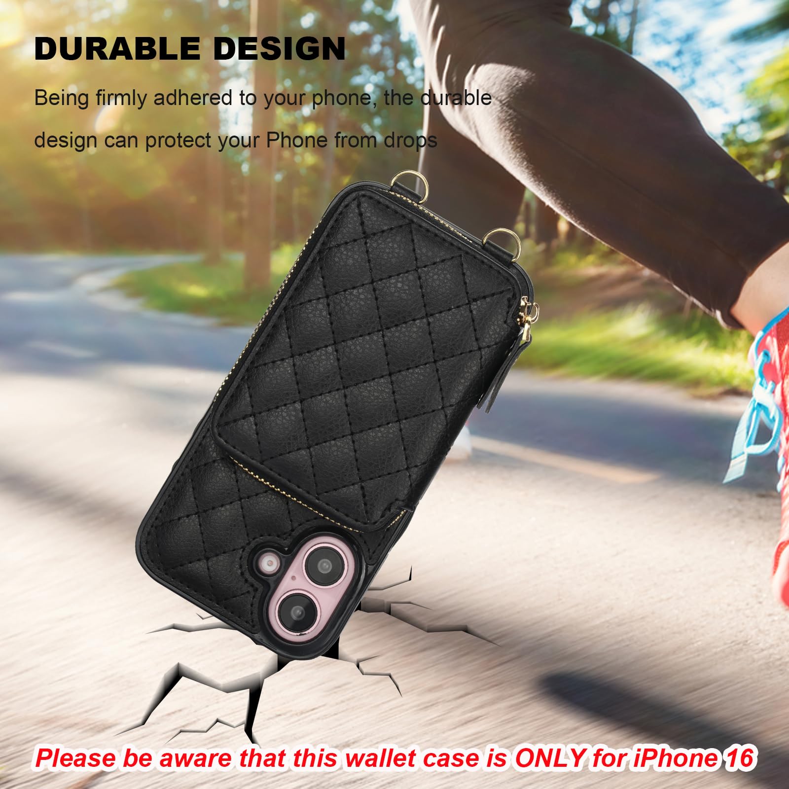 Bocasal Crossbody Wallet Case for iPhone 16, RFID Blocking PU Leather Zipper Handbag Purse Flip Cover, Kickstand Folio Case with Card Slots Holder Wrist Strap Lanyard 5G 6.1 Inch (Black)