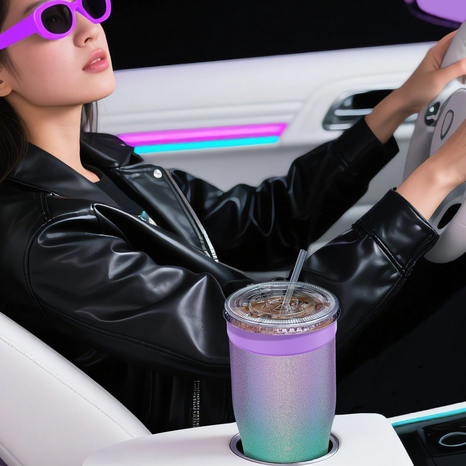 Universal Iced Coffee Sleeve - Upgraded Double Wall Reusable Stainless Steel Holder Sleeves Insulator for Cold Drinks Fits Starbucks Dunkin Donuts McDonalds Small Medium Large Cup (Aurora)