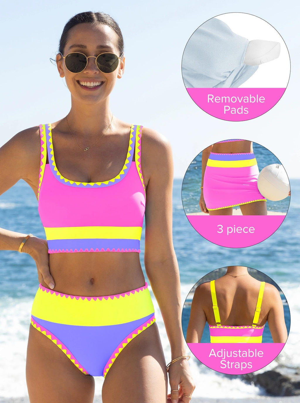 popvil High Waisted Bikini Sets for Women Tummy Control Swimsuits 3 Piece Bathing Suits Neon Swimwear with Skirt 2026