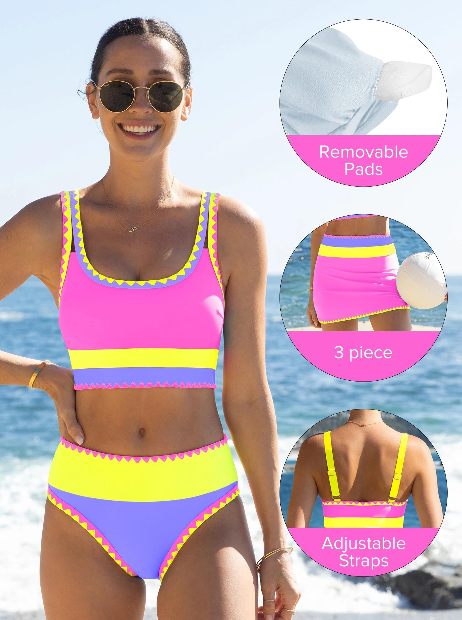popvil High Waisted Bikini Sets for Women Tummy Control Swimsuits 3 Piece Bathing Suits Neon Swimwear with Skirt 2026
