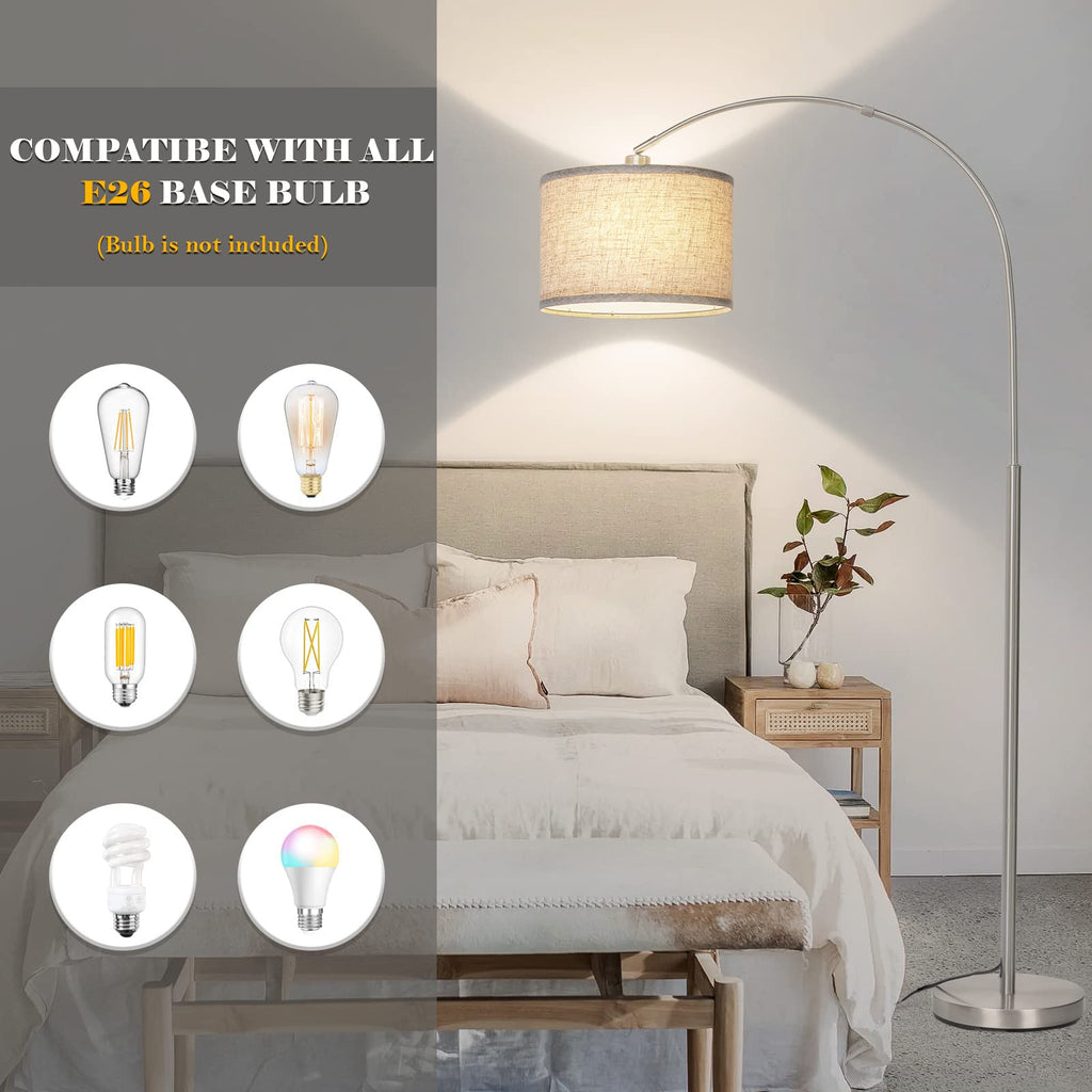 Rattan Floor Lamp, Arc Floor Lamps for Living Room, Farmhouse Standing Lamp with Adjustable Hanging Fabric Shade, Tall Pole Lamp with Foot Switch, Over Couch Arched Reading Light for Bedroom, Office