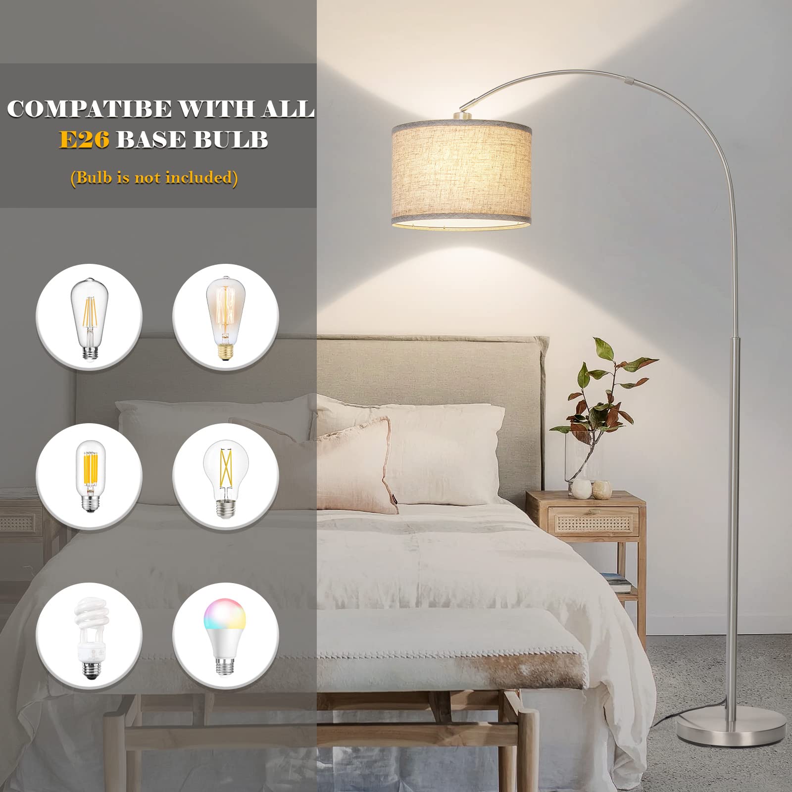 Rattan Floor Lamp, Arc Floor Lamps for Living Room, Farmhouse Standing Lamp with Adjustable Hanging Fabric Shade, Tall Pole Lamp with Foot Switch, Over Couch Arched Reading Light for Bedroom, Office