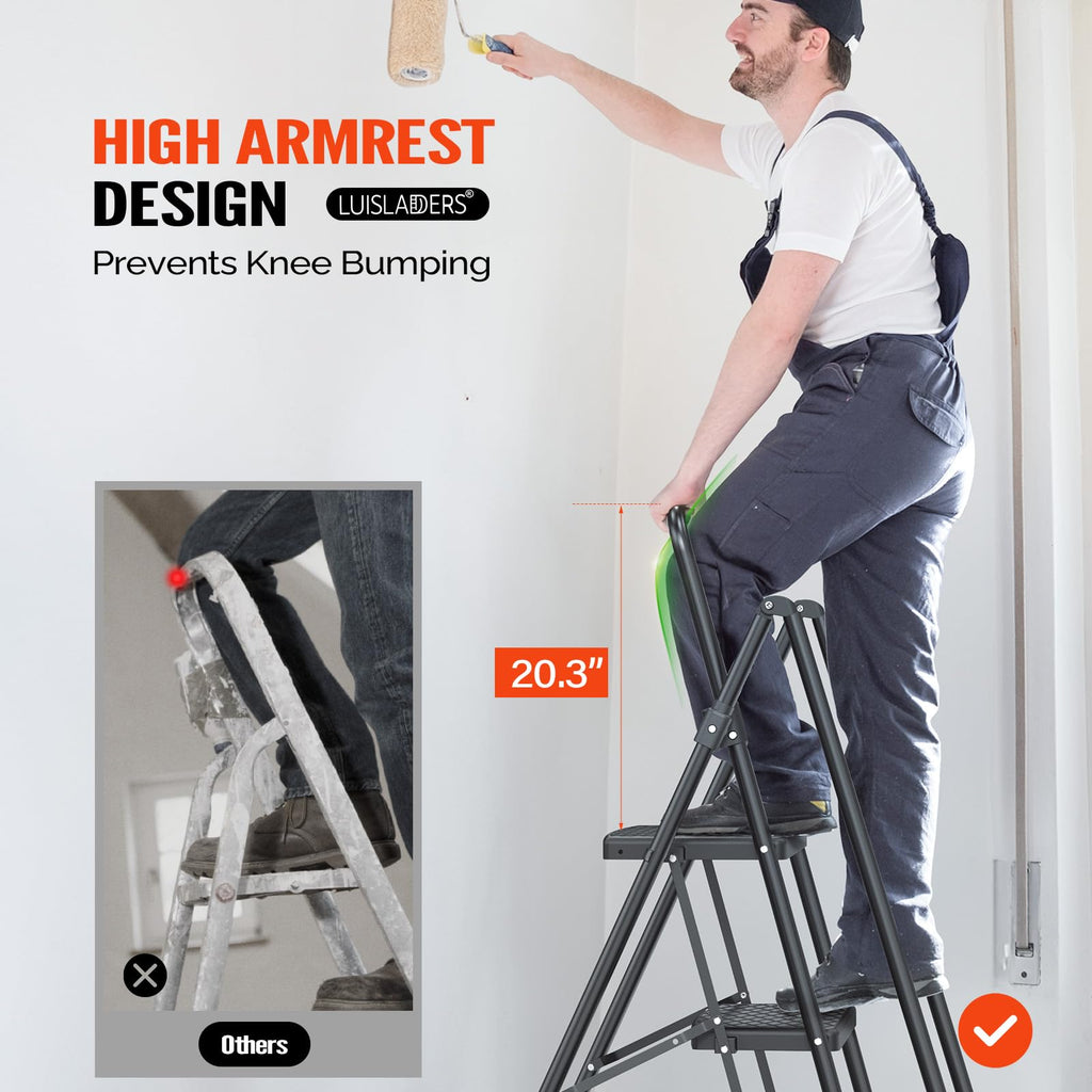 LUISLADDERS 3 Step Ladder with Handrails, Folding Step Stool with Widened Anti-Slip Pedal, 500lbs Lightweight Step Ladder 3 Step Folding, Multi-use for Home Kitchen Pantry Office, Black