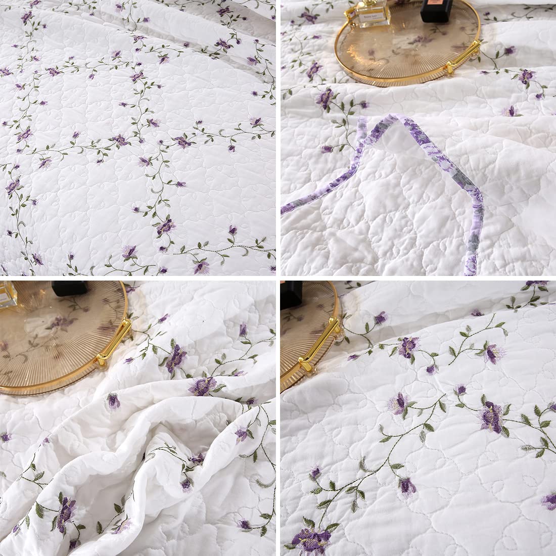 vctops 3-Piece Floral Embroidered Bedspread Coverlet Set Twin Size 100% Cotton Reversible Patchwork 1 Quilt and 2 Pillow Shams (Flower,Twin)
