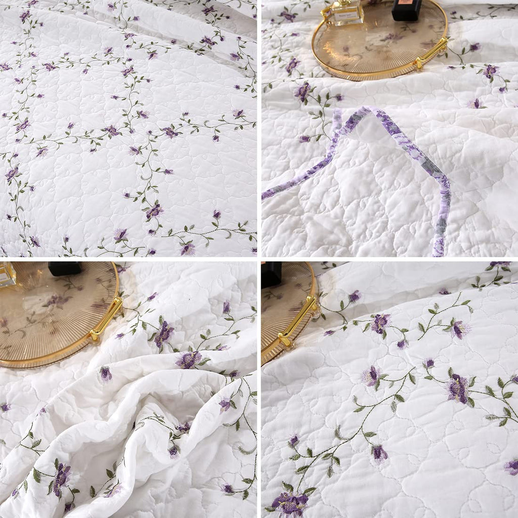 vctops 3-Piece Floral Embroidered Bedspread Coverlet Set Twin Size 100% Cotton Reversible Patchwork 1 Quilt and 2 Pillow Shams (Flower,Twin)