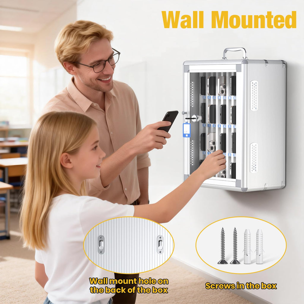 Glosen Cell Phone Locker 24 Slots, Portable Phone Storage Cabinet [Wall Mounted] [Silver 24 Slots-Universal Key ] Aluminum Alloy Cellphone Lock Box with Key & Handle for School Classroom Office Exam
