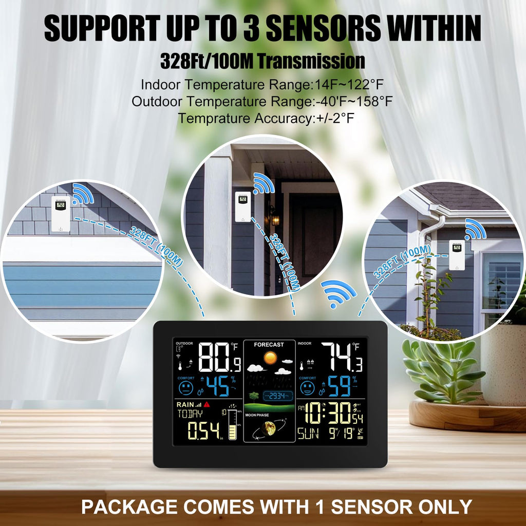 Weather Station with Rain Gauge Outdoor, Home Weather Stations Wireless Indoor Outdoor with Digital Rain Gauges, Thermometer, Barometer, Hygrometer, Atomic Clock, Weather Forecast, with 3 Sensor
