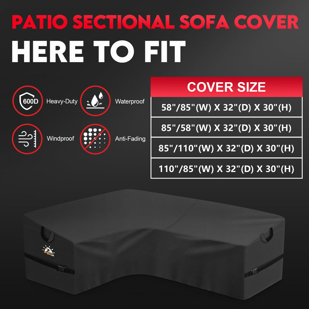 Zettum Outdoor L-Shaped Sectional Cover - 600D Patio Sectional Sofa Cover, Waterproof Patio Furniture Covers for 4-Seater Outdoor Sectional Sofa and Couch, Left Facing, 58x85 Inch Wide