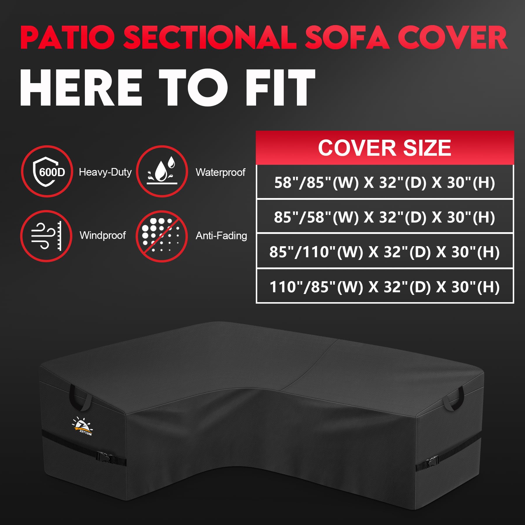 Zettum Outdoor L-Shaped Sectional Cover - 600D Patio Sectional Sofa Cover, Waterproof Patio Furniture Covers for 4-Seater Outdoor Sectional Sofa and Couch, Left Facing, 58x85 Inch Wide