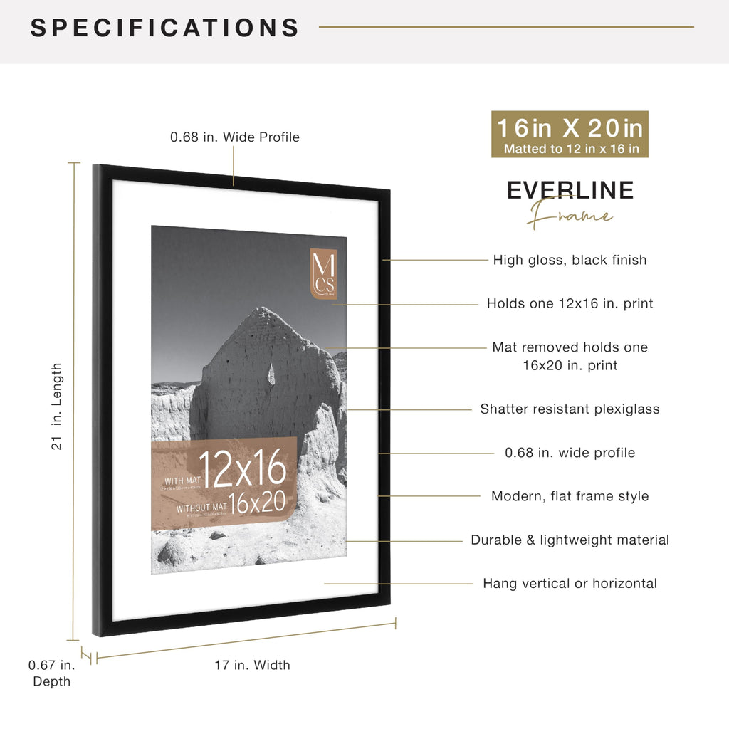 MCS Everline Collection 14x20 Matted Poster Frame with 11x17 Picture Display, Black Vertical & Horizontal Wall Hanging Large Frame for Photos, Posters & Art Prints (1-Pack)