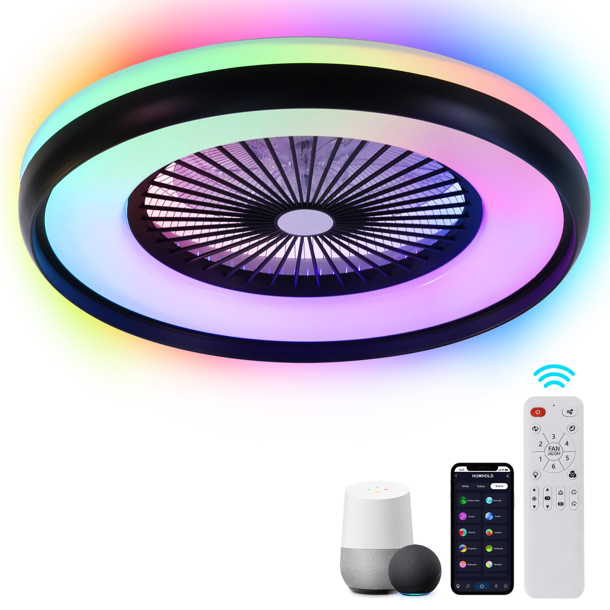 24" Bladeless Ceiling Fan with Light Remote, Smart LED Ceiling Fans with App Control, Modern Low Profile Dimmable Light Ceiling Fan for Bedroom Living Room Gold