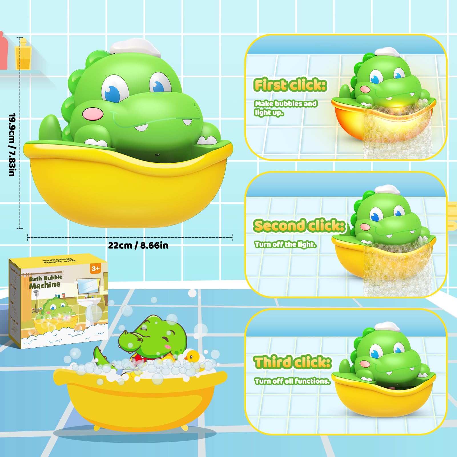 Bath Toys,Light-Up Bath Bubble Machine Automatic Bubble Maker Bathroom Toy for Kids Ages 1-3 4-8 Toddler Bathub Toy Easter Basket Stuffers Dinosaur Toys for Kids 3-5