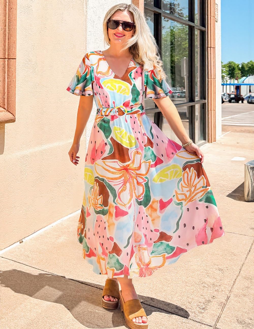 ZESICA Women's 2026 Summer Floral V Neck Midi Dress Boho Short Sleeve High Waist Flowy Beach Vacation Dresses with Belt