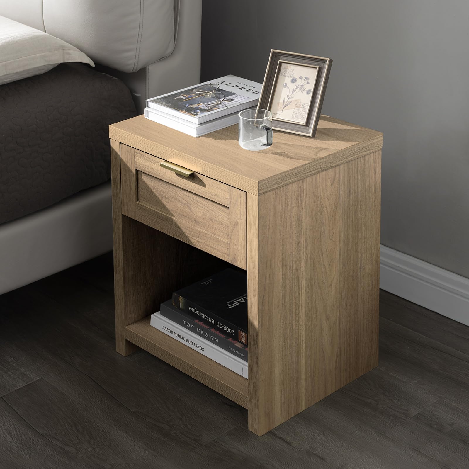 OAKHAM HOME Nightstand Set of 2 Farmhouse Bedside Tables with Drawer and Storage Shelf Modern Boho End Side Tables for Bedroom Sofa, Light Oak