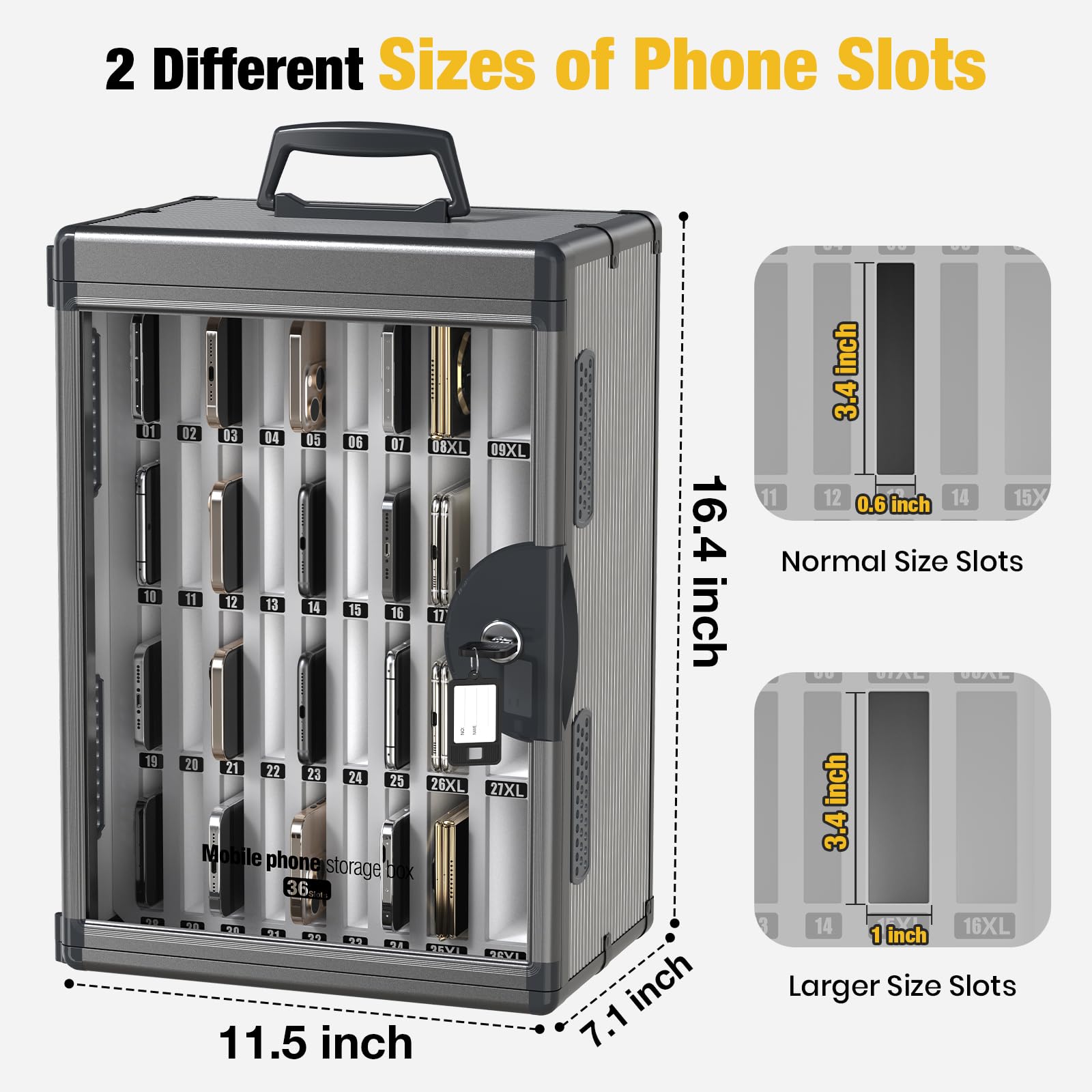 Glosen Cell Phone Locker 24 Slots, Portable Phone Storage Cabinet [Wall Mounted] [Silver 24 Slots-Universal Key ] Aluminum Alloy Cellphone Lock Box with Key & Handle for School Classroom Office Exam