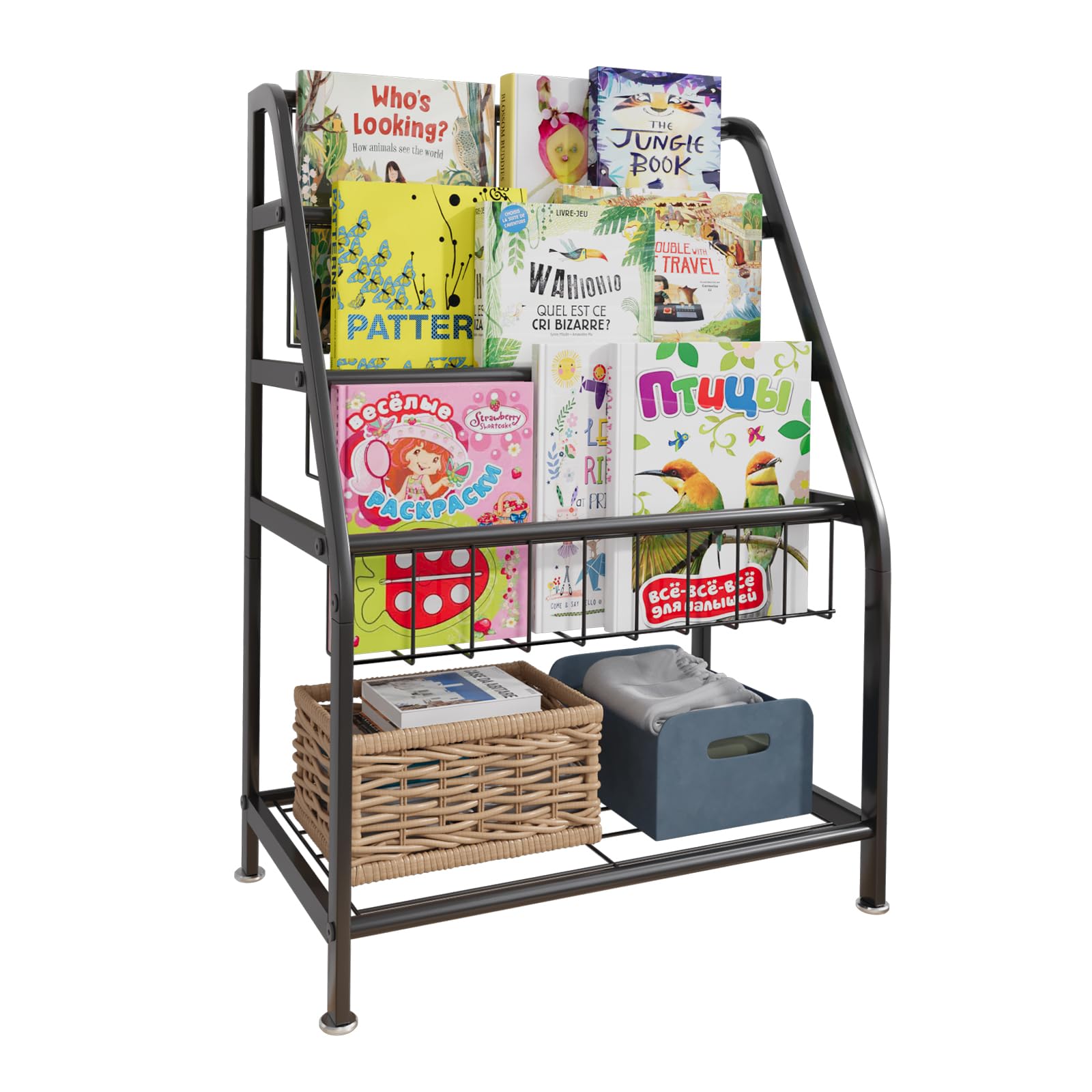aboxoo Metal Kids Bookshelf Black Large Freestanding for Children Room 32 in Toy Organizer Large Stable Bookcase Bookstore Library Book Unit Storage Kids Bed Living Room
