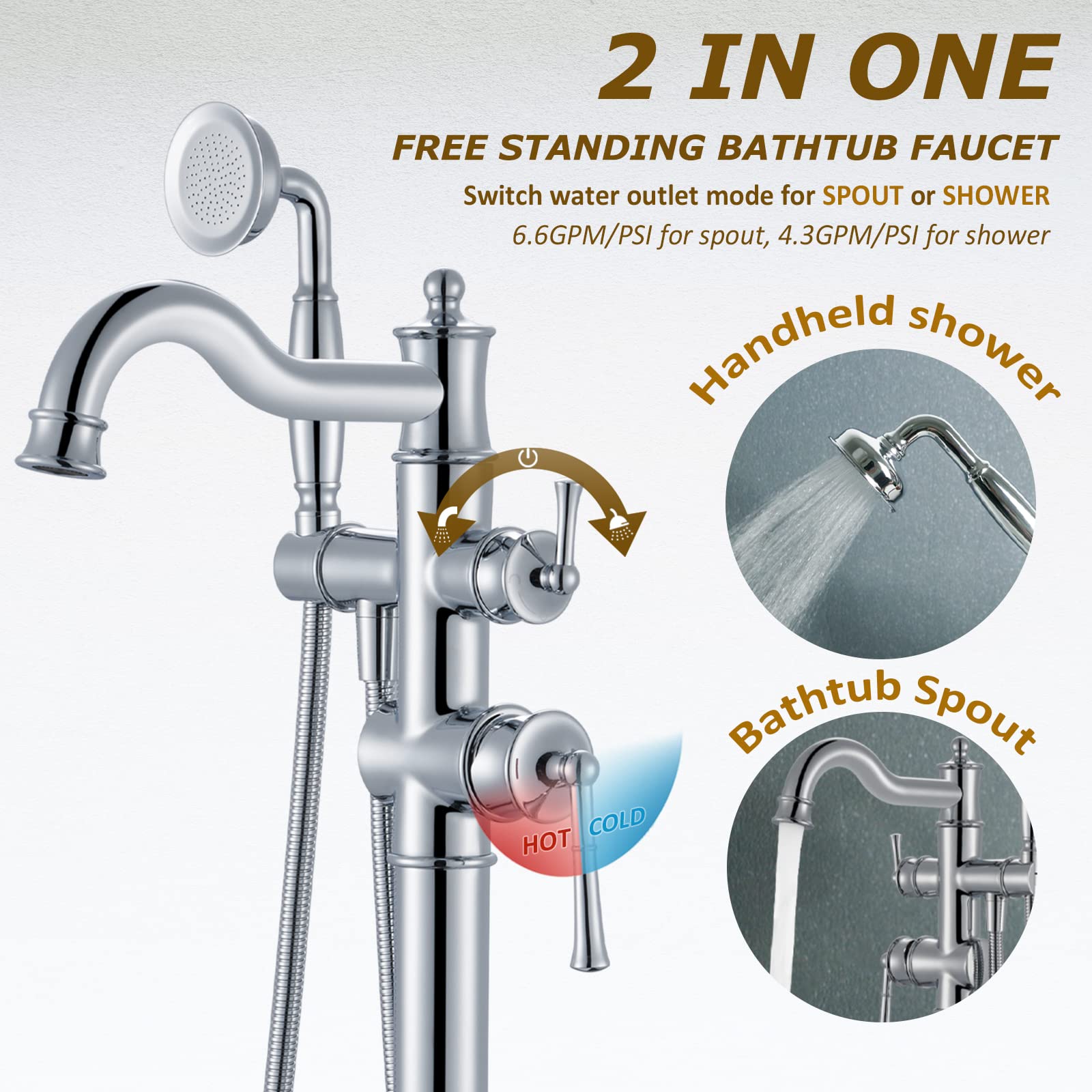 Freestanding Floor Mount Tub Filler with Handheld Shower Roman Bathtub Faucet by Brushed Gold Finish, Swivel Spout with Brass Rough-in and Water Hose