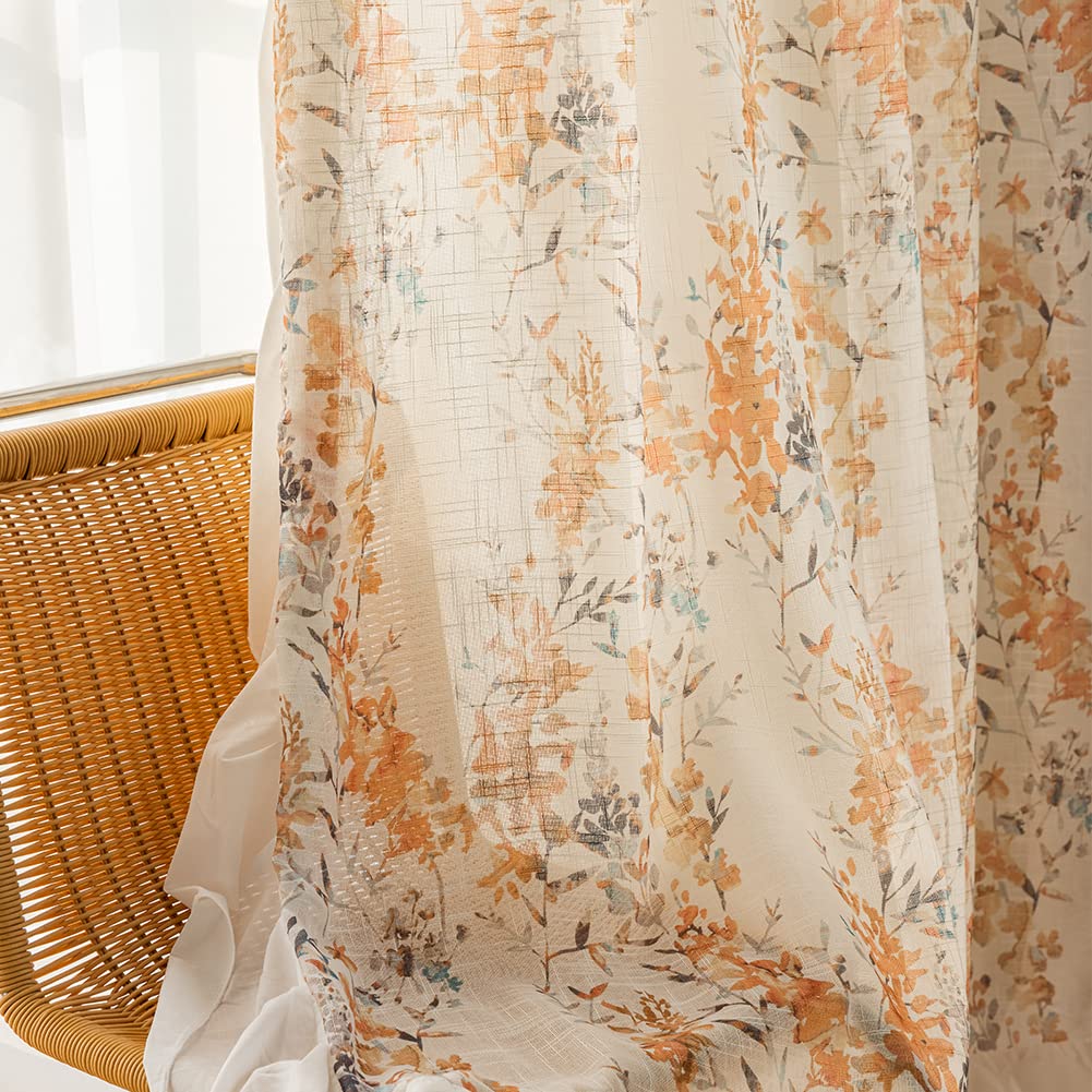 SUOUO Blue Leaf Semi Sheer White Curtains for Bedroom Dining Living Room Linen Textured 84 inches Long Rod Pocket Boho Window Drapes 2 Panels