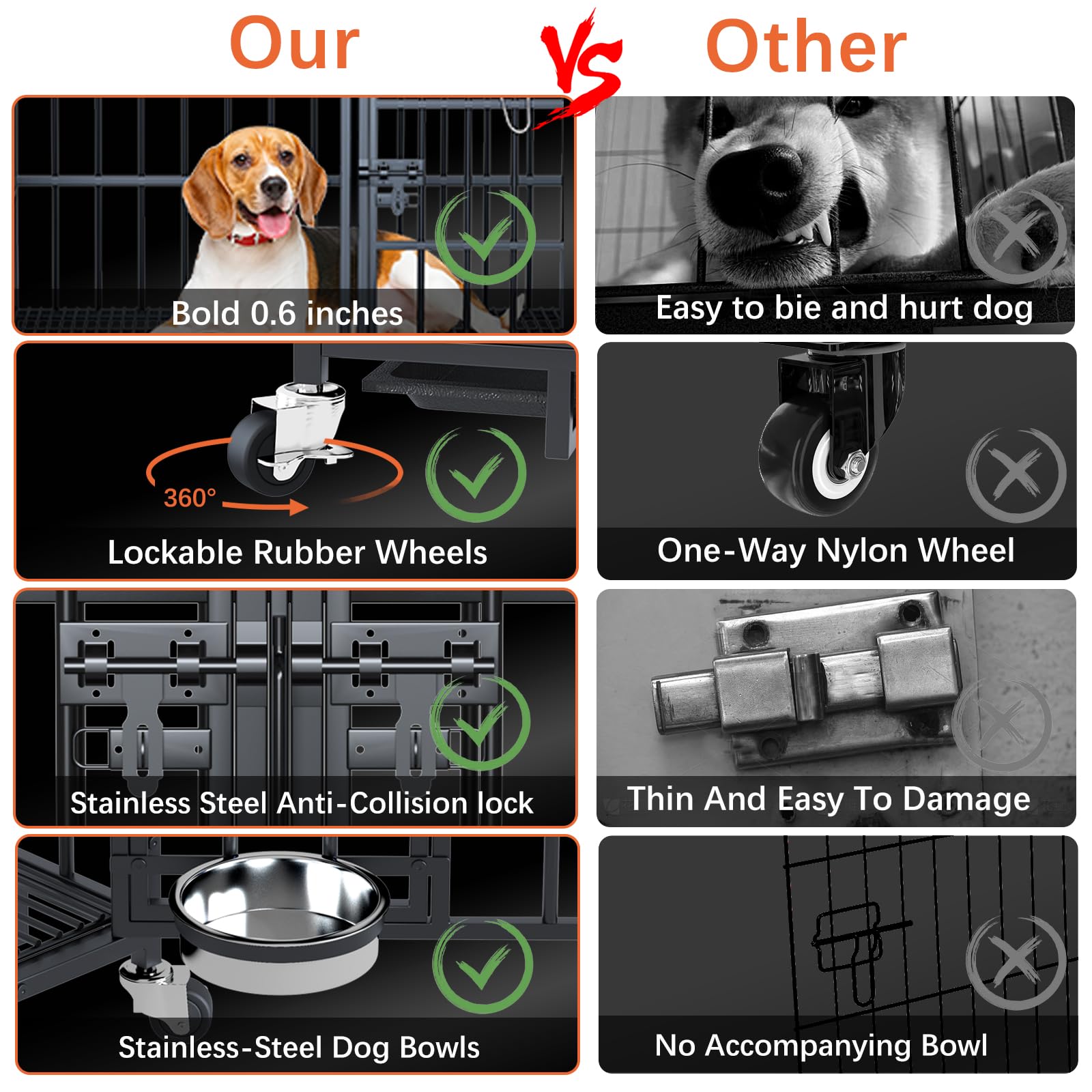Dosker 42 inch Heavy Duty Metal Dog Crate with Divider for 2 Dogs/Large Dog, All Metal Open Top Escape Proof Cage, Indoor Dog Kennel with Wheels, Floor Grid, Tray, Feeding Bowl