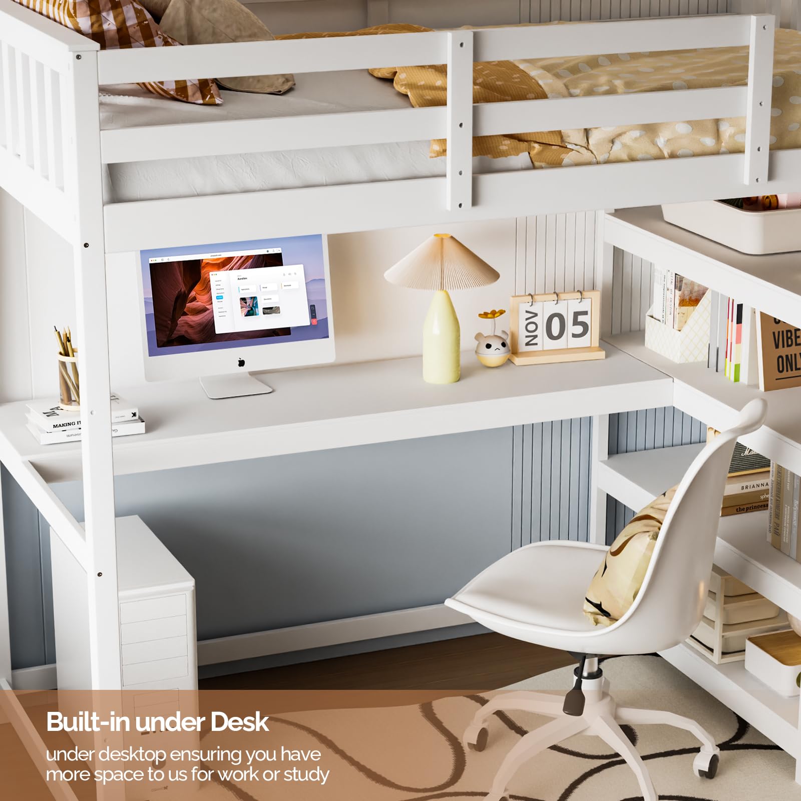 JOYMOR Low Loft Bed Twin Size with LED Lights, 4 Storage Shelves, Removable Curtain, Kids Wood Loft Bed with 15" H Safety Guardrail, Spave Saving, Mattress Not Included (Gray)