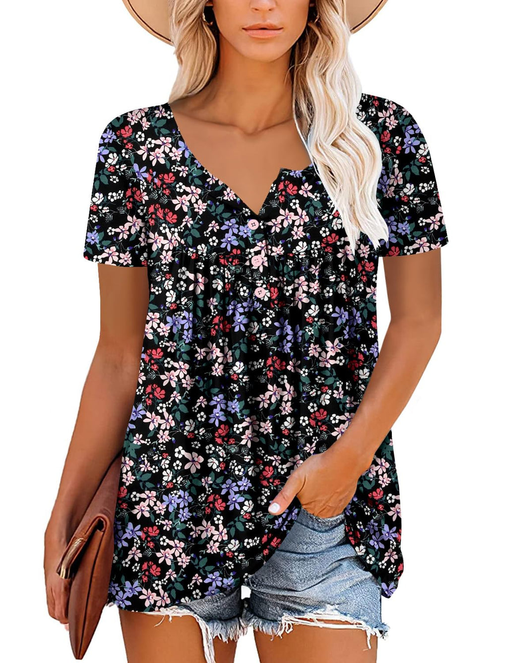 Mystry Zone Womens Henley V Neck Casual Blouse Button Down T Shirts Flare and Flowy Tops