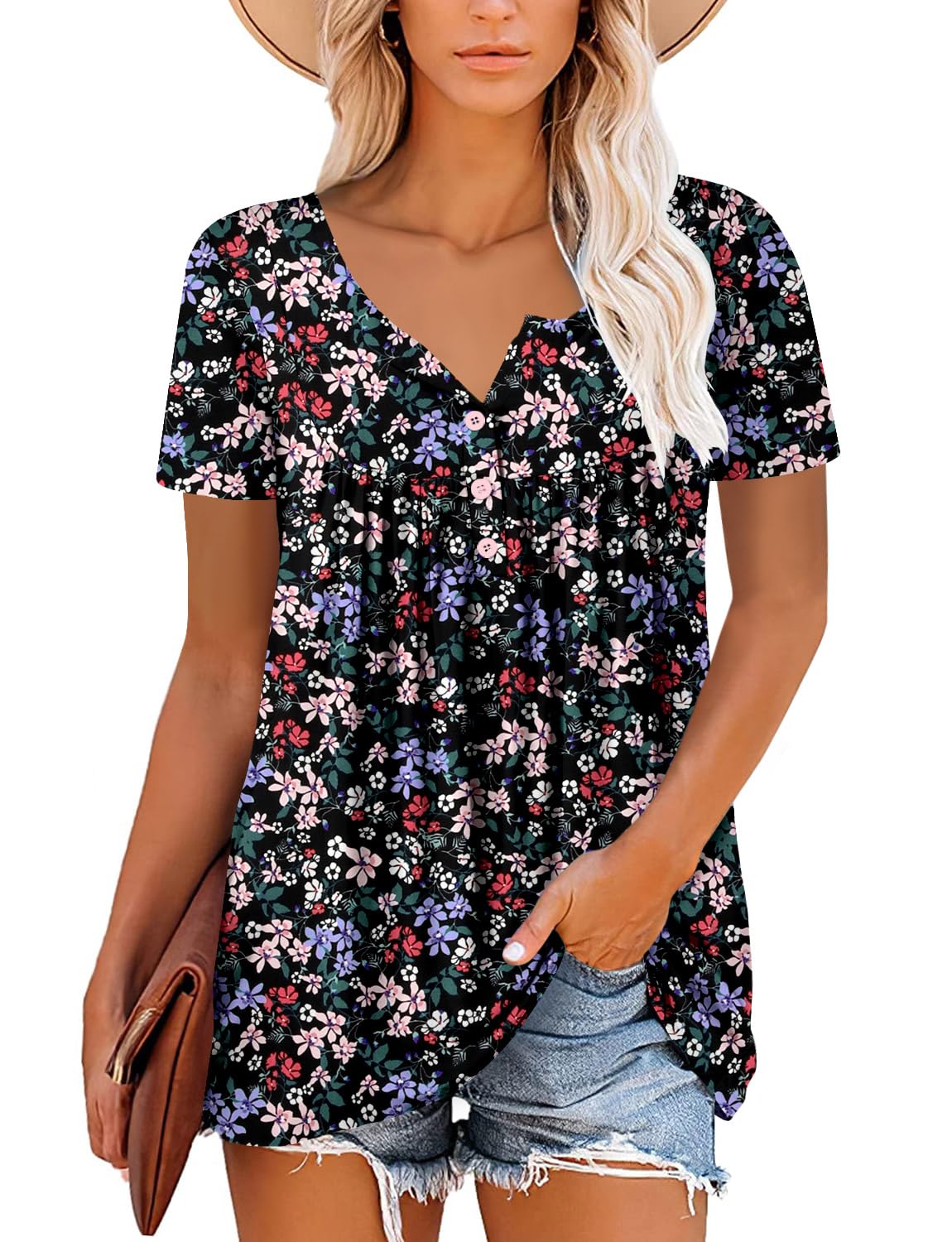 Mystry Zone Womens Henley V Neck Casual Blouse Button Down T Shirts Flare and Flowy Tops