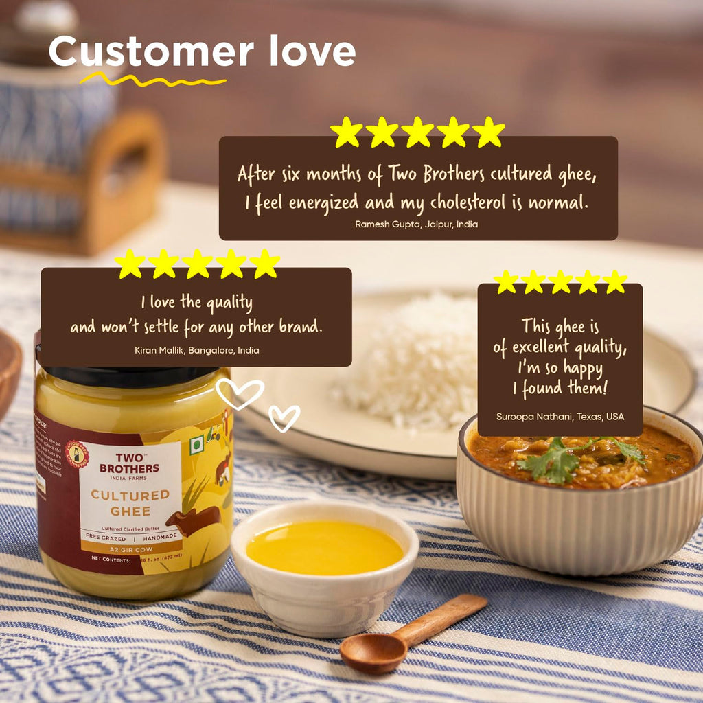 Grass Fed A2 Cultured Ghee | Gir Cow Ghee | Clarified Butter | Cultured Desi Ghee,Non-GMO, Lactose-Free, Keto Friendly - Two Brothers Organic Farms (16 fl oz (500 ml) Plastic)