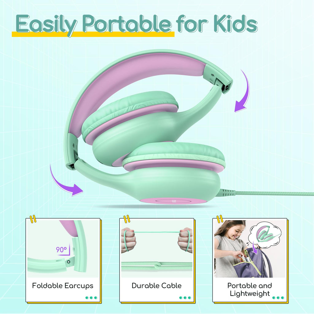EarFun K1 Kids Headphones Wired with Microphone, 85/94dB Volume Limit Headphones for Kids, Portable Wired Headphone with Shareport, Stereo Sound Foldable Headset for School/Tablet/iPad, Black Red