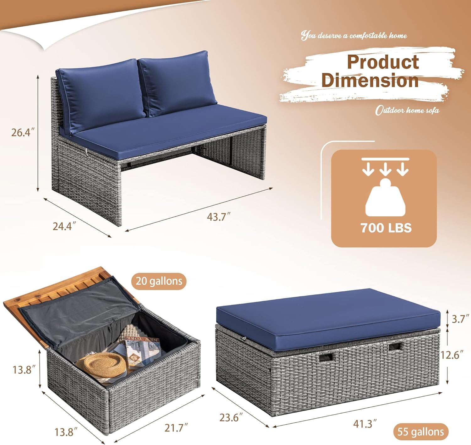 Devoko Outdoor Daybed Set Multifunctional Patio Day Bed Rattan Lounge Bed with 2 Side Tables for Backyard Porch Poolside Lawn Beach (Beige White)