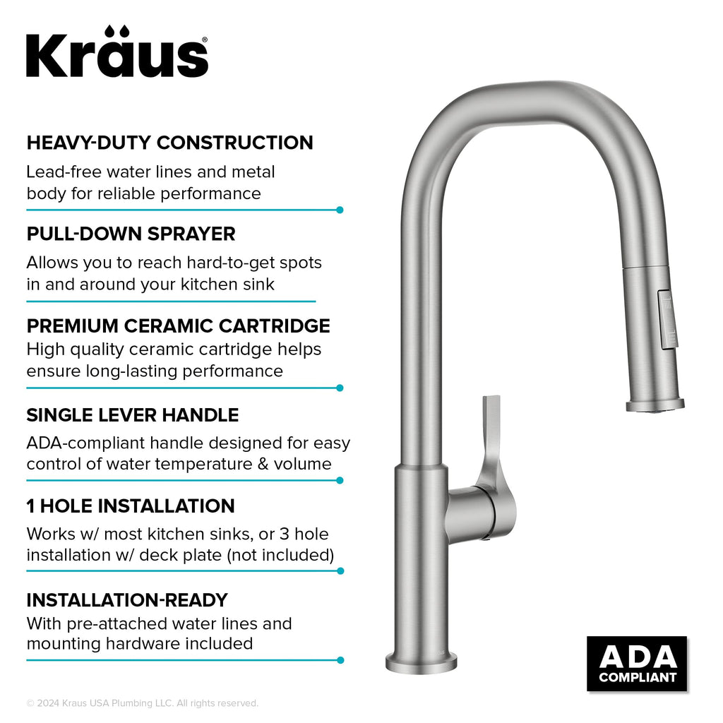 KRAUS Torak Pull Down Kitchen Faucet in Matte Black with Commercial Style Spring Spout, 2 Function Sprayer, Pre-Attached Water Lines, and Mounting Hardware, KPF-2635MB