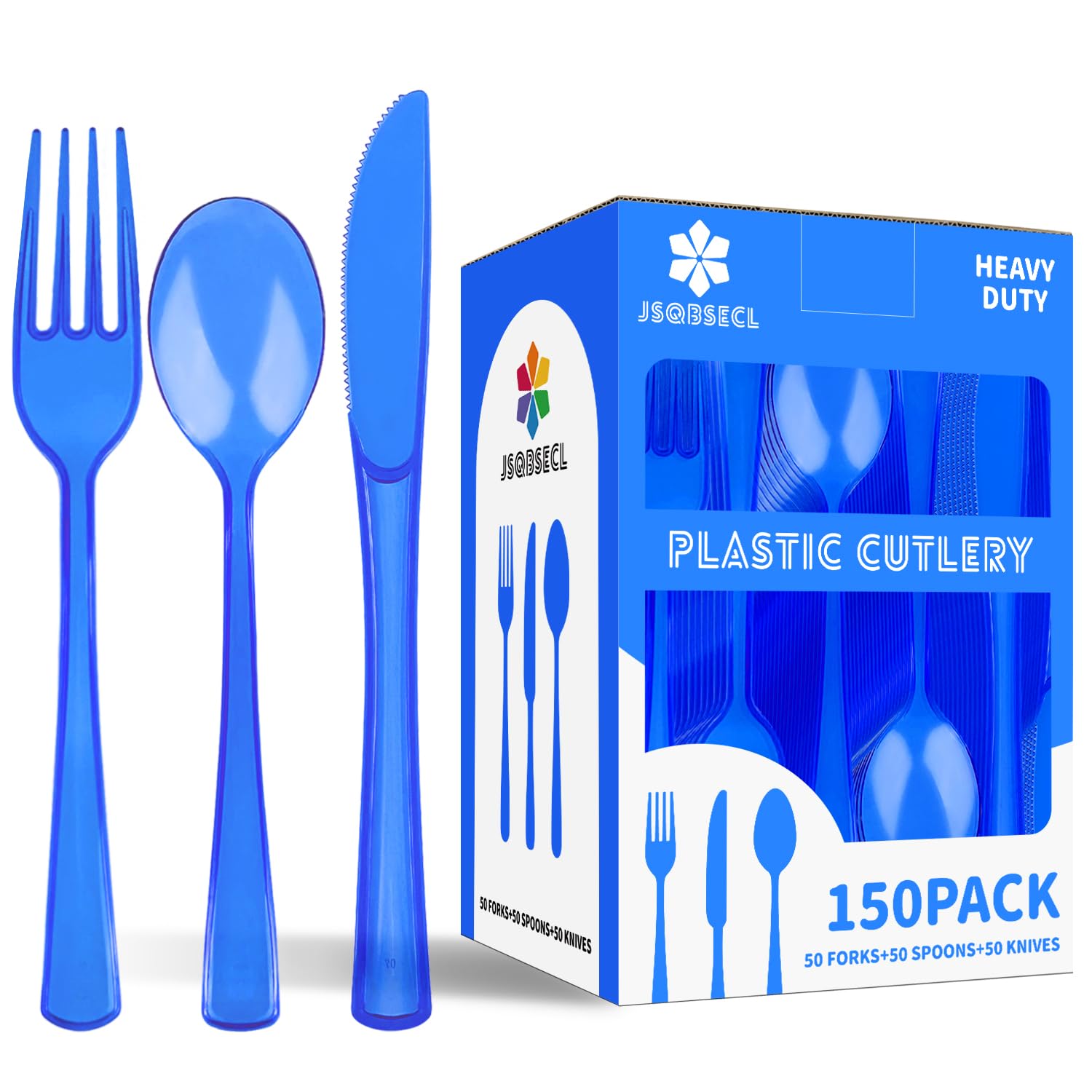 150 Pack Plastic Silverware,Disposable Cutlery Set Heavy Duty Utensil Sets 50 Forks 50 Knives 50 Spoons for Brithday, Wedding,Home School Party Picnics Restaurant Outdoor Events (Black)
