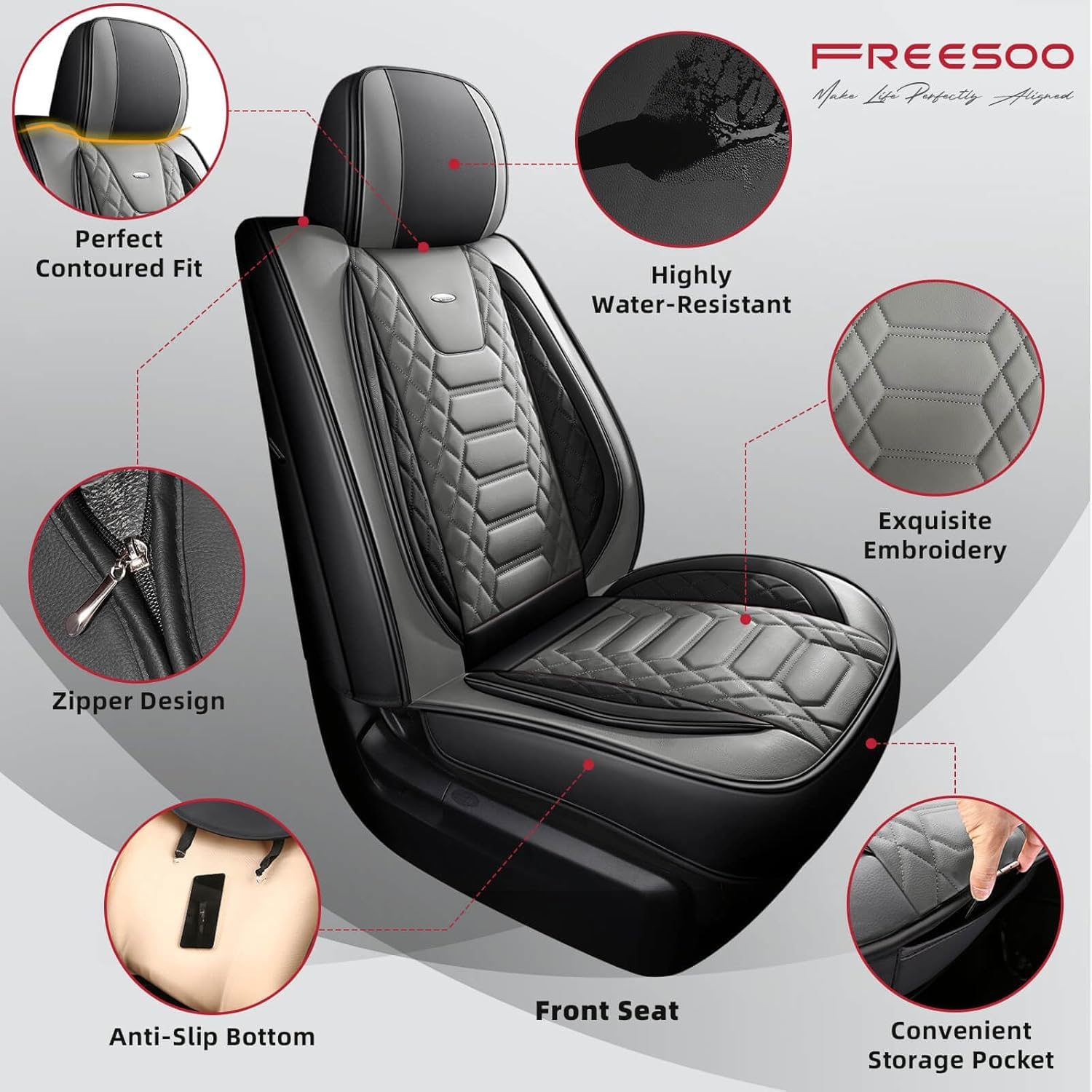 FREESOO Tundra Seat Covers 2007-2013, Fit for Toyota Tundra Crewmax Cab 5 Seats, Custom Truck Seat Covers with Waterproof Faux Leather Black